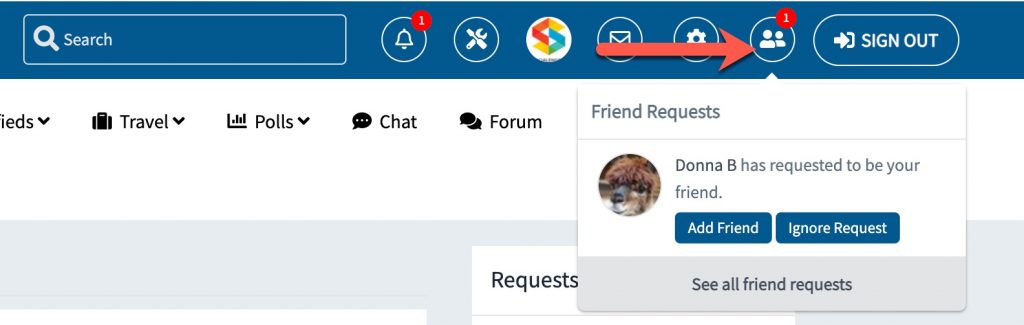 A social media website header with a search bar, notifications, settings, messages, and a sign-out button. A dropdown menu shows a friend request from Donna B with options to "Add Friend" or "Ignore Request".