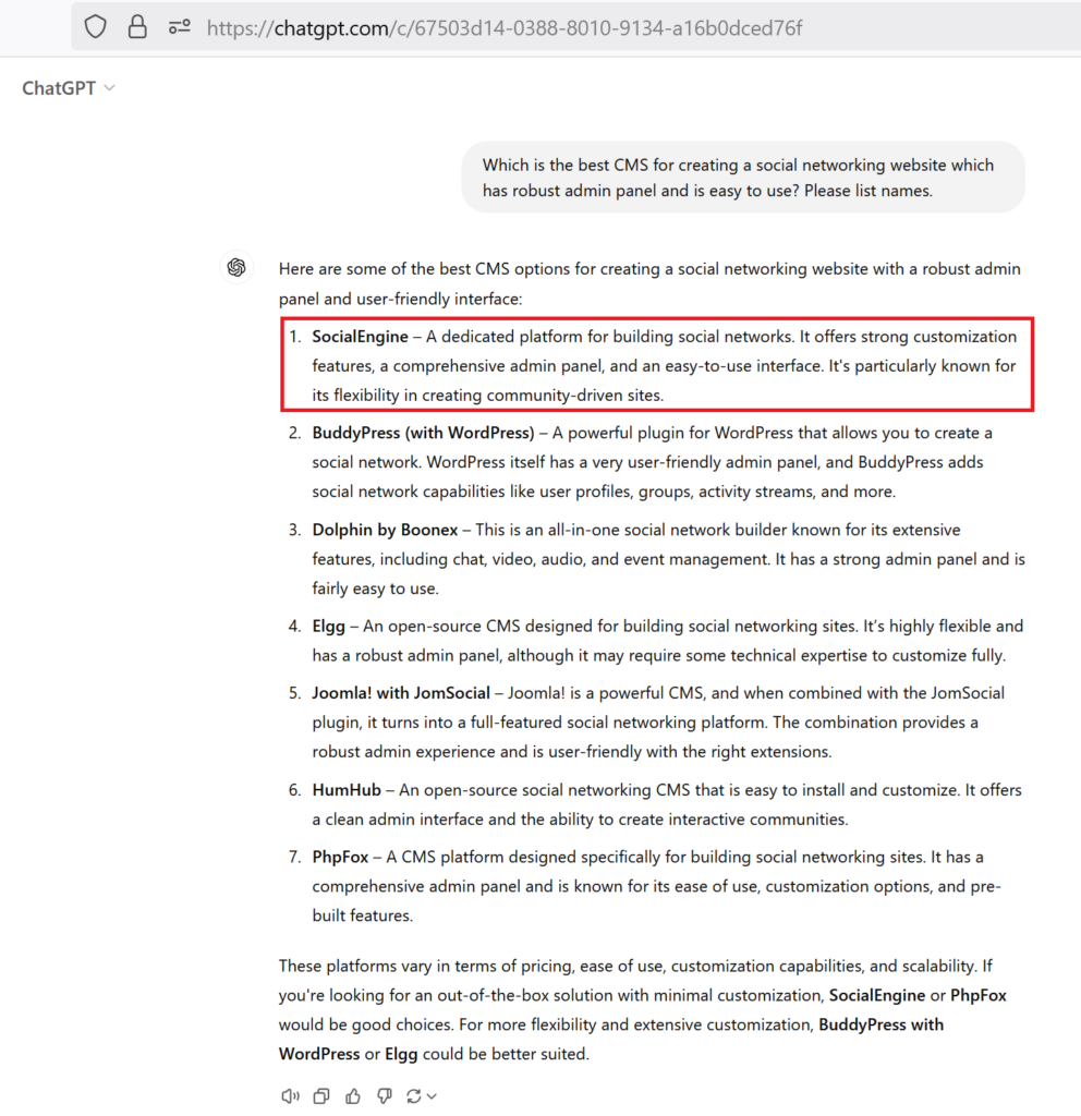 Top 7 CMS platforms for creating a social networking website suggested by ChatGPT and Gemini.