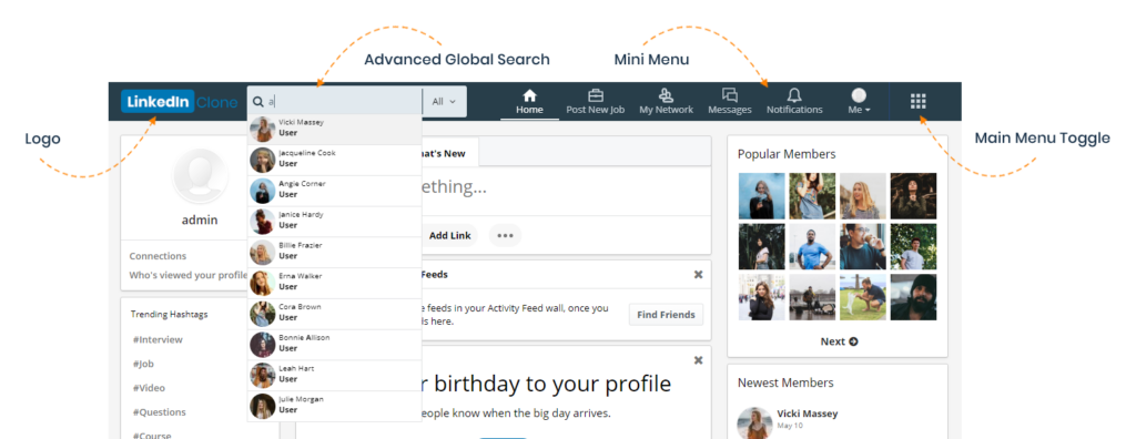 Linkedin Clone Highly Configurable Header